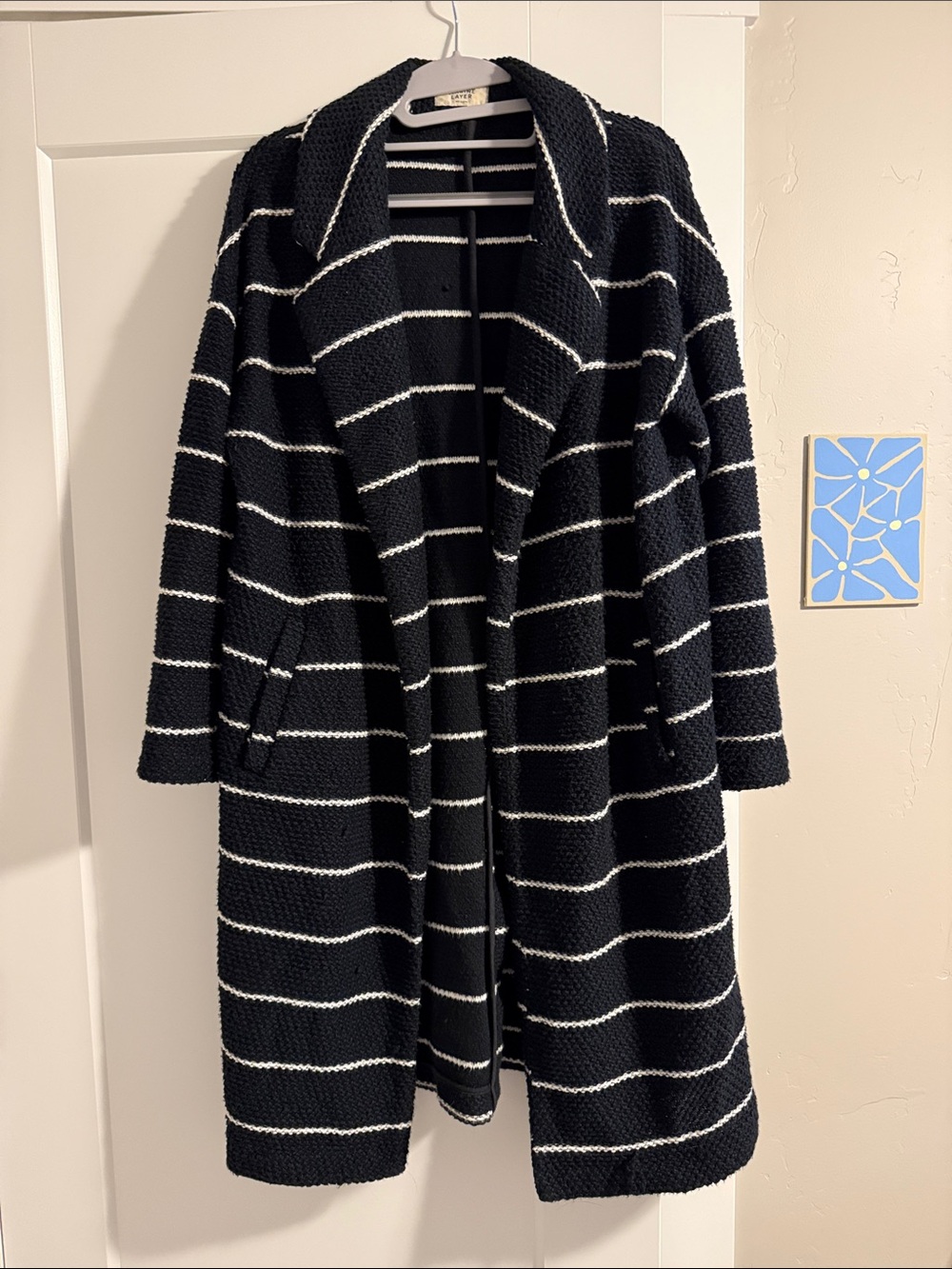 Marine Layer Black and White Striped Open-Front Knit Cardigan Coat